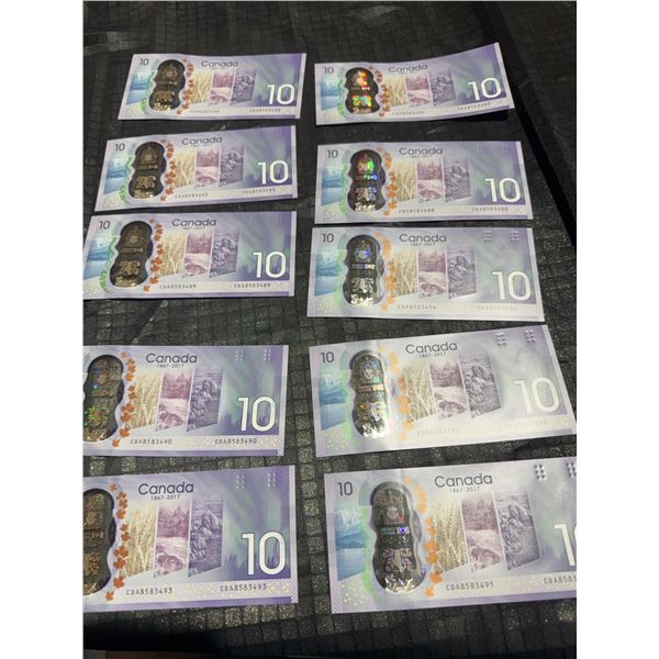 Canada 150 $10 Polymer Banknotes Serial Numbers 88–97