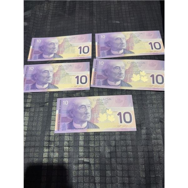 5 Sequential 2013 Canada $10 Polymer Banknotes (FDT0902387-391)