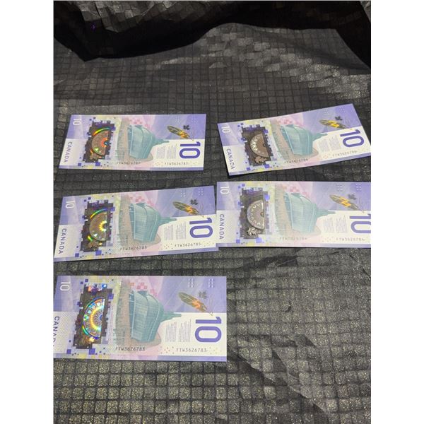 Consecutive Canada Polymer $10 Banknotes FTW3626783–FTW3626787, Set of 5