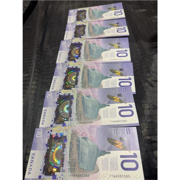 Consecutive Lot of 6 Canadian $10 Polymer Banknotes, Viola Desmond, FTW6085578–FTW6085583