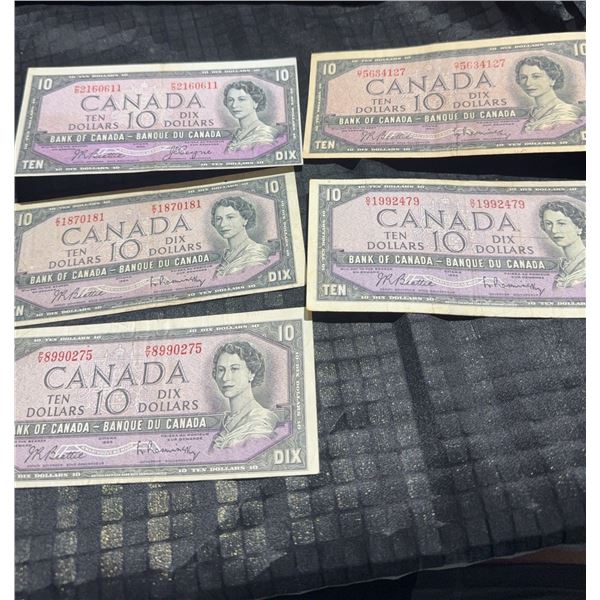 1954 Bank of Canada $10 Notes, Lot of 5, Modified Portrait