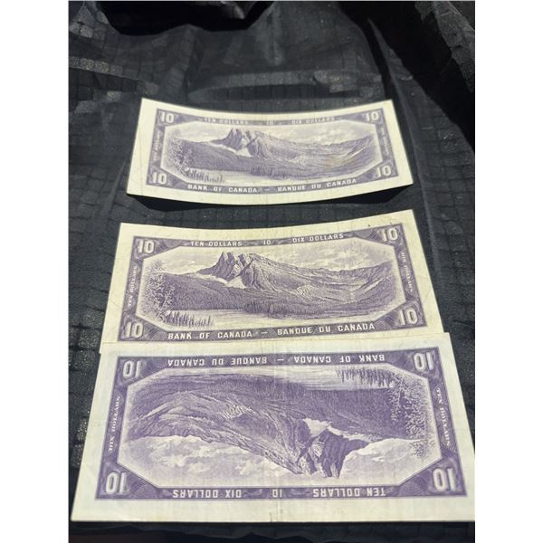 3 Canada 1954 $10 Banknotes, Devil's Face, Bank of Canada