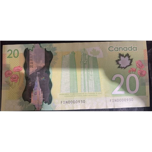 Canadian $20 Polymer Banknote, Queen Elizabeth II, Serial FIN0000930