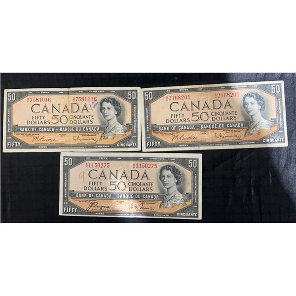 1954 Bank of Canada $50 Banknotes Lot of 3 Elizabeth II Series