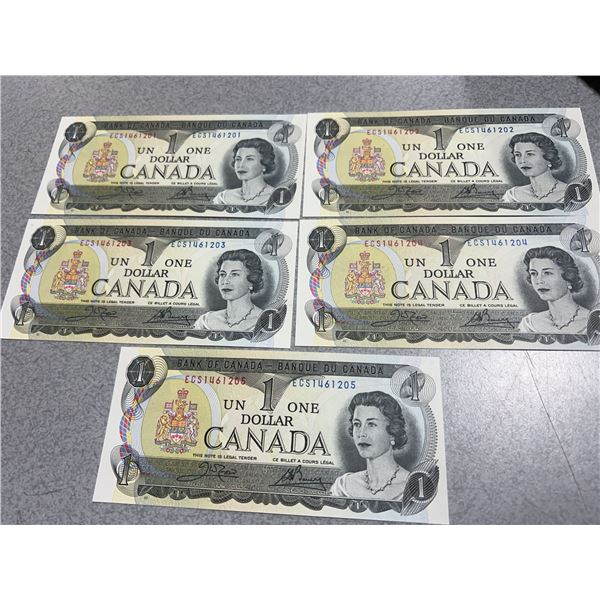 5 Sequential 1954 Canadian $1 Banknotes