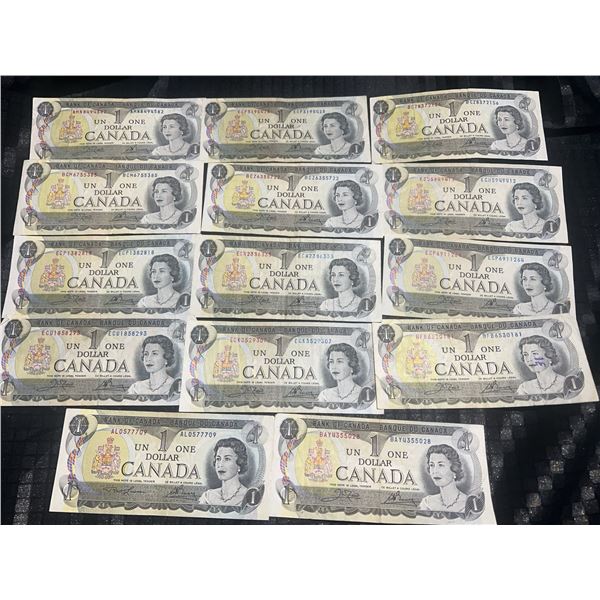 14 Canadian $1 Banknotes, 1954-1973 Queen Elizabeth II