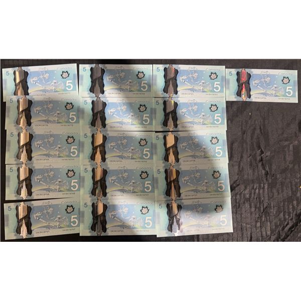 Canadian $5 Polymer Notes, Sequential Serial Numbers, 18 Bills