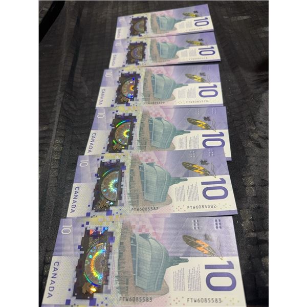 Consecutive Lot of 6 Canadian $10 Polymer Banknotes, Viola Desmond, FTW6085578–FTW6085583
