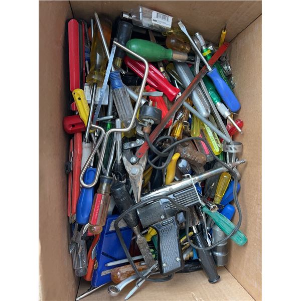 Box Lot Of Assorted Hand Tools And Soldering Gun