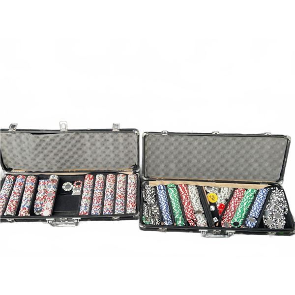 Two Poker Chip Sets with Dice and Dealer Buttons in Aluminum Cases