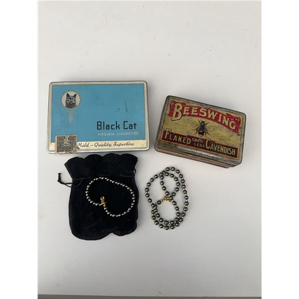 Black Cat and Beeswing Cigarette Tins with Necklace & Bracelet