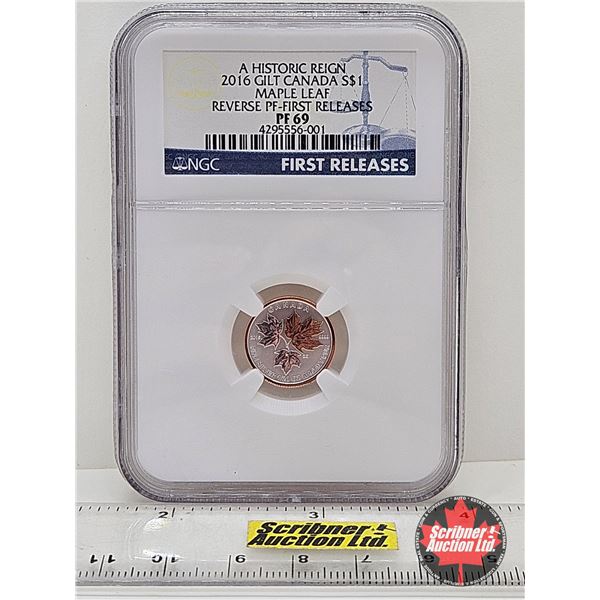 RCM Issue: A Historic Reign 2016 Gilt Canada $1 Maple Leaf : Fractional Reverse Proof Coin : 1/20oz 