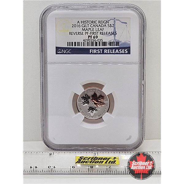 RCM Issue: A Historic Reign 2016 Gilt Canada $2 Maple Leaf : Fractional Reverse Proof Coin : 1/10oz 