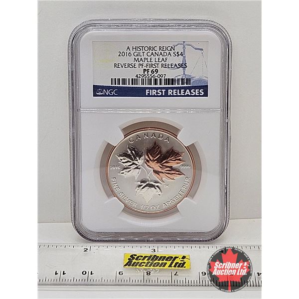 RCM Issue: A Historic Reign 2016 Gilt Canada $4 Maple Leaf : Fractional Reverse Proof Coin : 1/2oz (