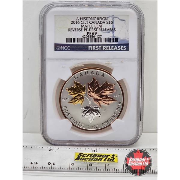 RCM Issue: A Historic Reign 2016 Gilt Canada $5 Maple Leaf : Fractional Reverse Proof Coin : 1oz (Fi