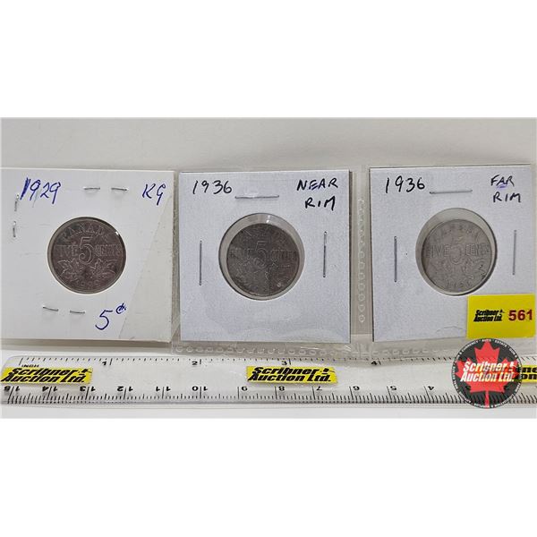 Canada Five Cent (3) : 1929; 1936; 1936 (Consignor Note: 1936 Near ; 1936 Far)