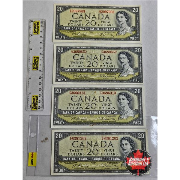 Canada $20 Bills 1954 (4 Bills ~ FW Prefix) : - Beattie/Rasminsky #FW8381262 - Beattie/Rasminsky #FW