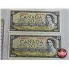 Image 2 : Canada $20 Bills 1954 (4 Bills ~ FW Prefix) : - Beattie/Rasminsky #FW8381262 - Beattie/Rasminsky #FW