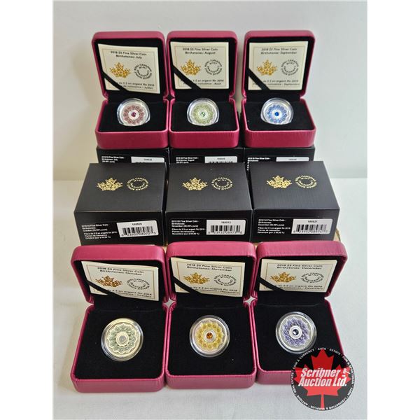 Combo : RCM Canada 2018 Birthstones : $5 Fine Silver Coins (6) (Swarovski Crystals)  ~ July (COA #13