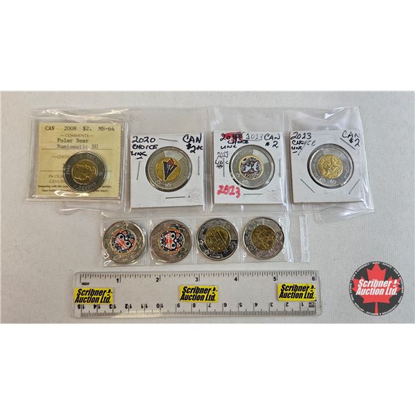 Canada $2 Toonies (8) : 2015; 2018; 2020; 2020; 2023; 2023; 2020; 2008 (ICCS Cert: MS-64)