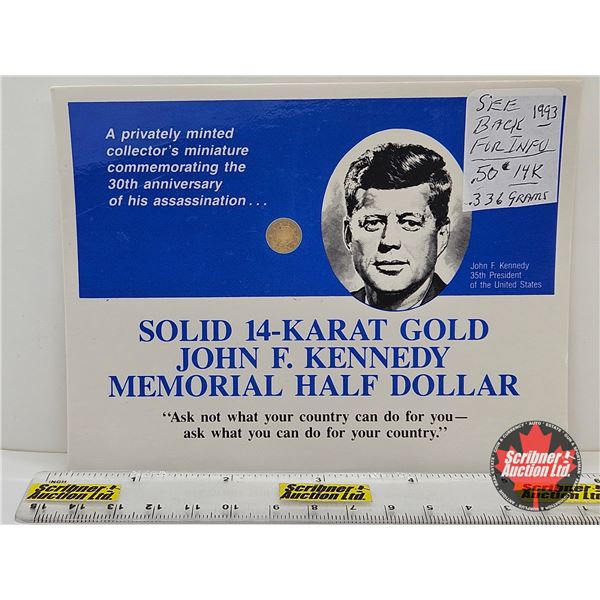 Miniature GOLD : Solid 14-Karat Gold : John F. Kennedy 1993 Memorial Half Dollar (3.36 Grains)