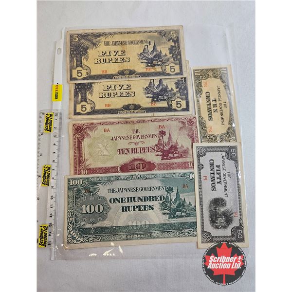 Japanese-Burma Military Occupation Currency Banknotes c.1942-1945 (6) :  - 100 Rupees -Ten Rupees - 