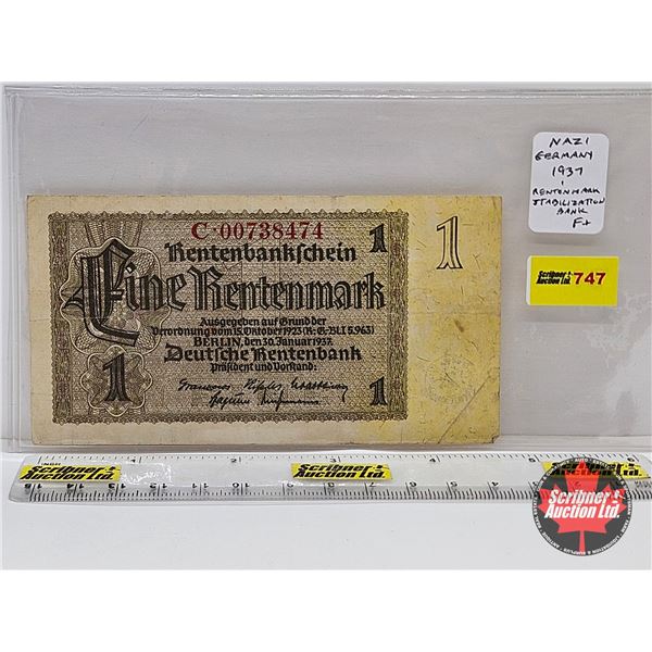 1937 Germany 1 Rentenmark Banknote