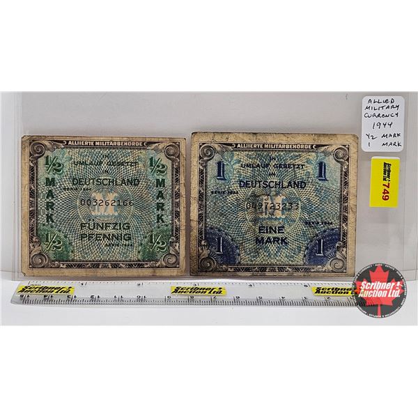 1944 Allied Military Currency  Banknotes (2) : - 1 Mark - 1/2 Mark