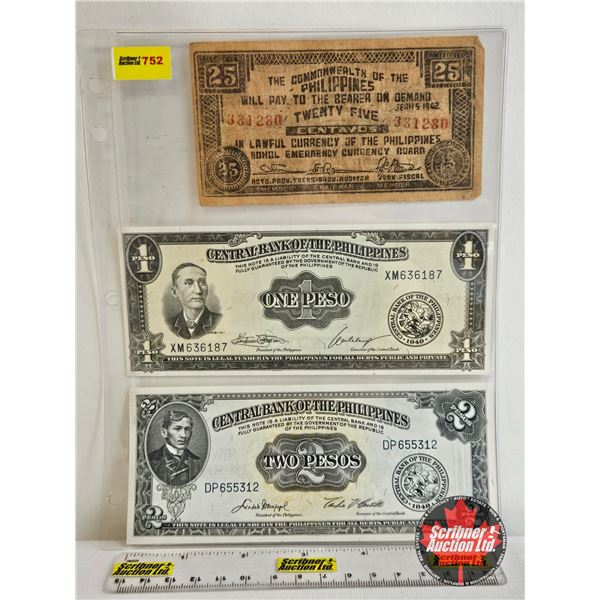 Philippines Foreign Currency (3) : - 1942 Twenty Five Centavos (Emergency Currency Banknote) - 1949 