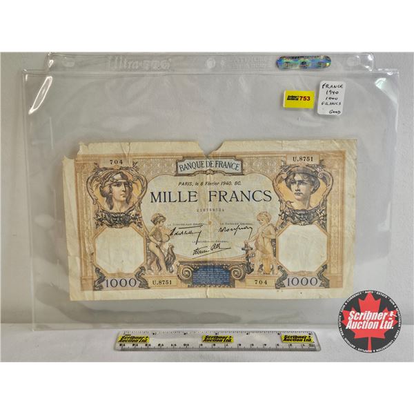 1940 Banque de France 1,000 Francs Banknote