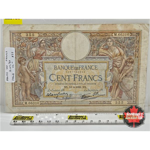 1939 Banque de France 100 Cent Francs Banknote