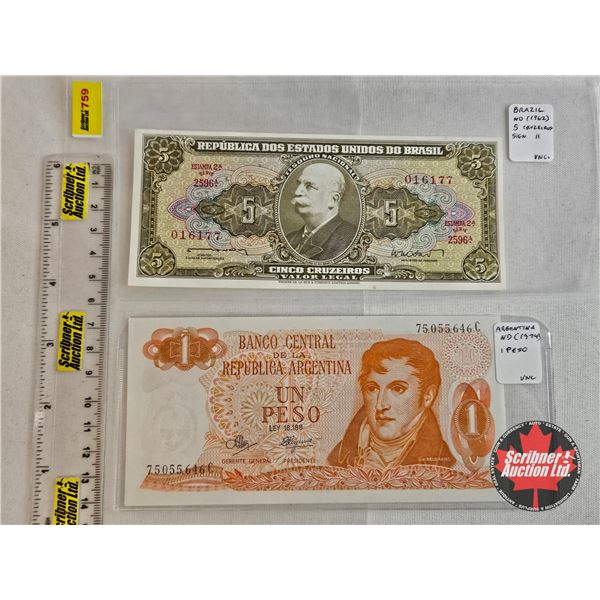 Foreign Banknotes (2) :  - Argentine Republic 1 Peso (c.1970-1974) - 1962 Brazil 5 Cruzeiros  (Consi