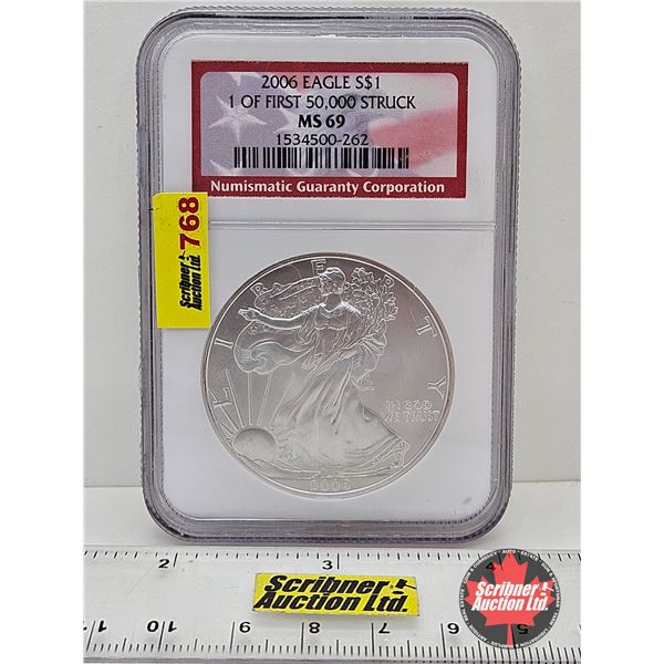 USA 2006 American Eagle Silver Dollar (NGC Cert: MS69) 1oz Fine Silver : 1 of First 50,000 Struck