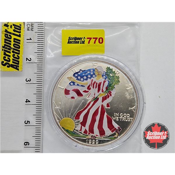 USA 1999 Liberty Silver Dollar : 1oz Fine Silver (3rd Party Hand Painted Walking Liberty Design)