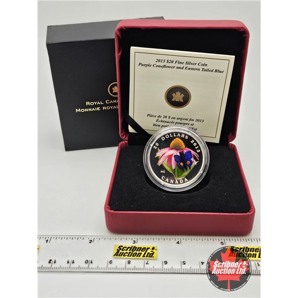 RCM Canada 2013 : $20 Fine Silver Coin : Purple Coneflower and Eastern Tailed Blue (COA #7450) (99.9
