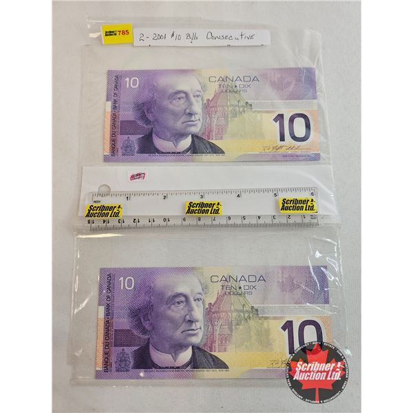 Canada $10 Bills 2001 (2 Sequential) : Knight/Thiessen #FDT2645855-5856