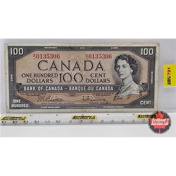 Canada $100 Bill 1954 : Beattie/Rasminsky #BJ0135306