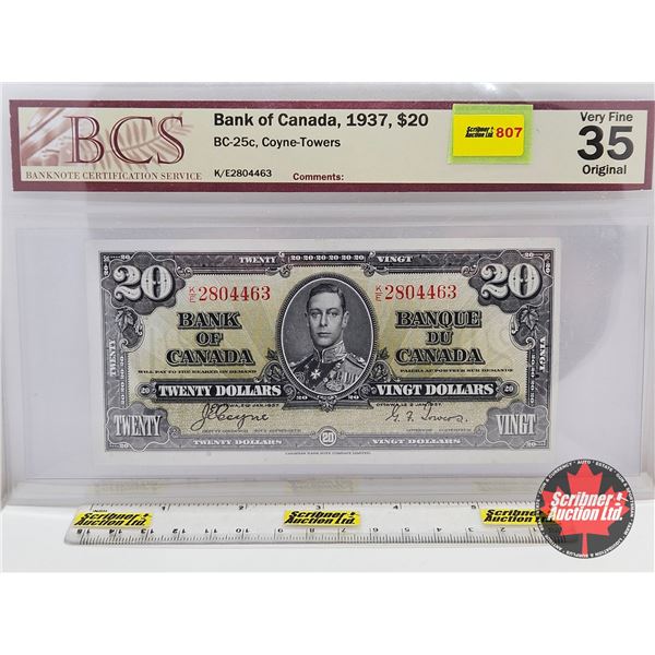 Bank of Canada $20 Bill 1937 : Coyne/Towers #KE2804463 (BCS Cert : Very Fine 35 Original)