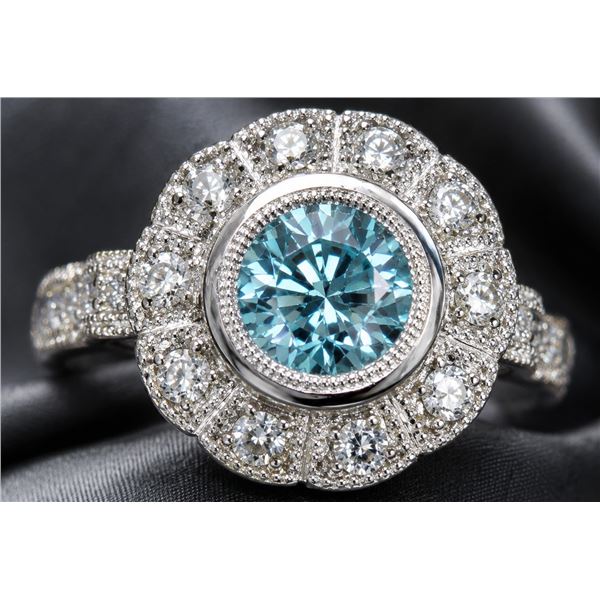 Silver(7.39g), Blue Topaz (Wave Engraving Design) (1ct) Ring Retail value $400