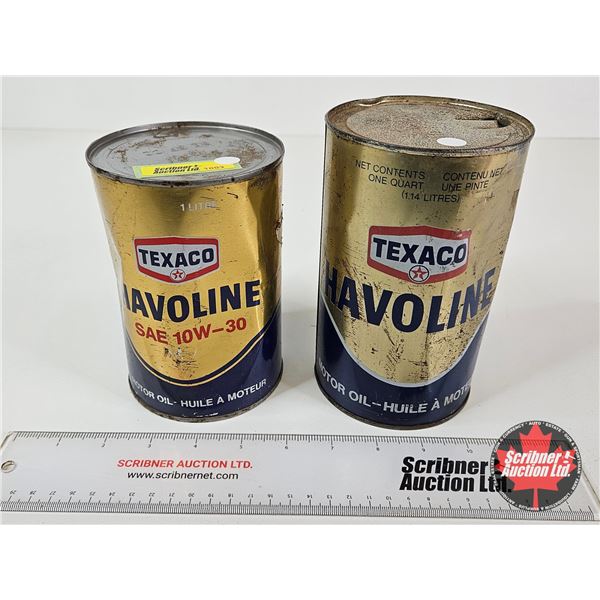 OIL CANS (2) : TEXACO Havoline  (10W-30 1L Can Full) (Quart Can Empty) (Tallest Measures : 6-1/2"H x