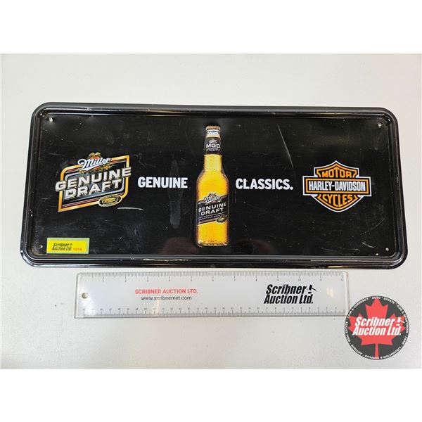 Single Sided Tin Embossed Sign : Miller Genuine Draft/Harley Davidson (Measures : 8"H x 18"W)