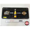 Image 1 : Single Sided Tin Embossed Sign : Miller Genuine Draft/Harley Davidson (Measures : 8"H x 18"W)