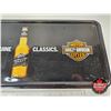 Image 3 : Single Sided Tin Embossed Sign : Miller Genuine Draft/Harley Davidson (Measures : 8"H x 18"W)