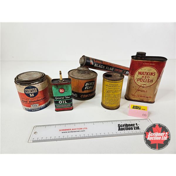 Vintage Tin Combo (5) :  - Whiz - Watkins - CIL - Black Flag - Coleman