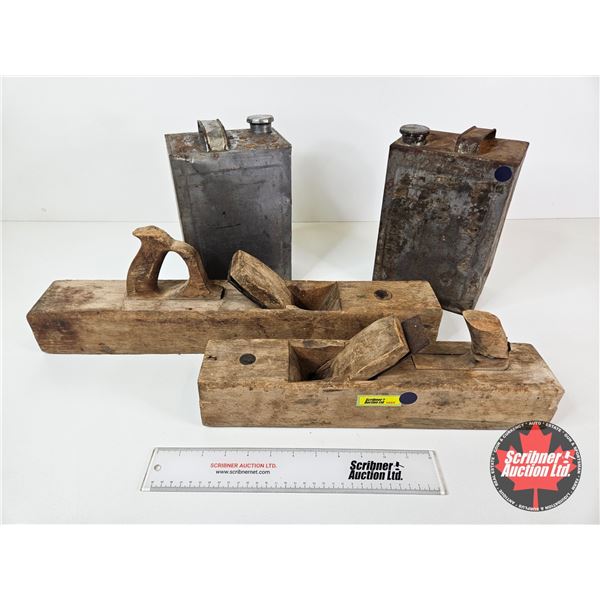 Vintage Collectors Combo : (2) Wood Planes & (2) One Gal Tins (Longest Plane Measures : 22-1/4"L)