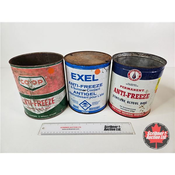 Vintage Anti-Freezes Cans (3) : - CO-OP - Zero-Flow - Exel (All Measures : 8"H x 7"Dia)