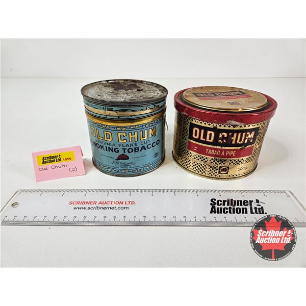 OLD CHUM Tobacco Tins (2) - 3-1/2"H x 5"Dia - 3-3/4"H x 4-1/4"Dia