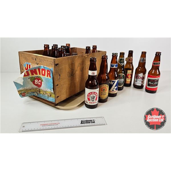 Collector Combo : Wood Crate & Bottles - Apple Crate - Vintage Beer Bottles (18) (Crate Measures : 8
