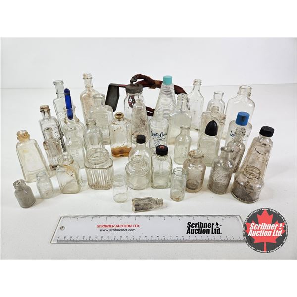 Antique Apothecary Bottles (38) w/ Vintage Glass Bottle Paint Sprayer
