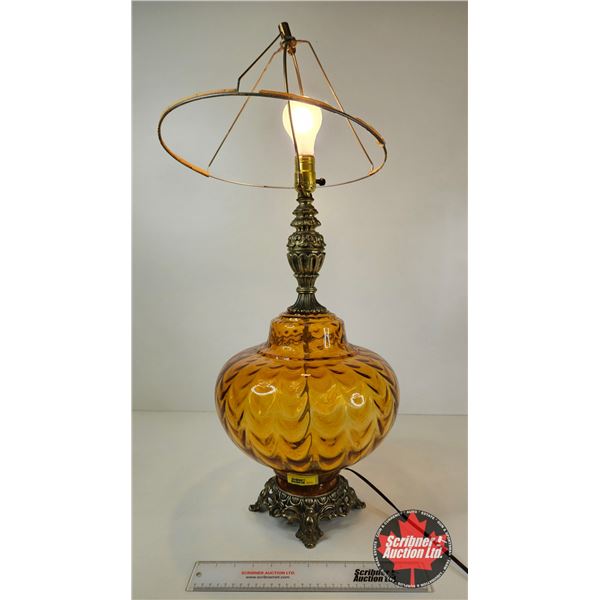 Vintage Mid-Century Amber Glass Table Lamp (Measures : 31"H)